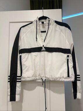 adidas White and Black Pullover Windbreaker with Hood